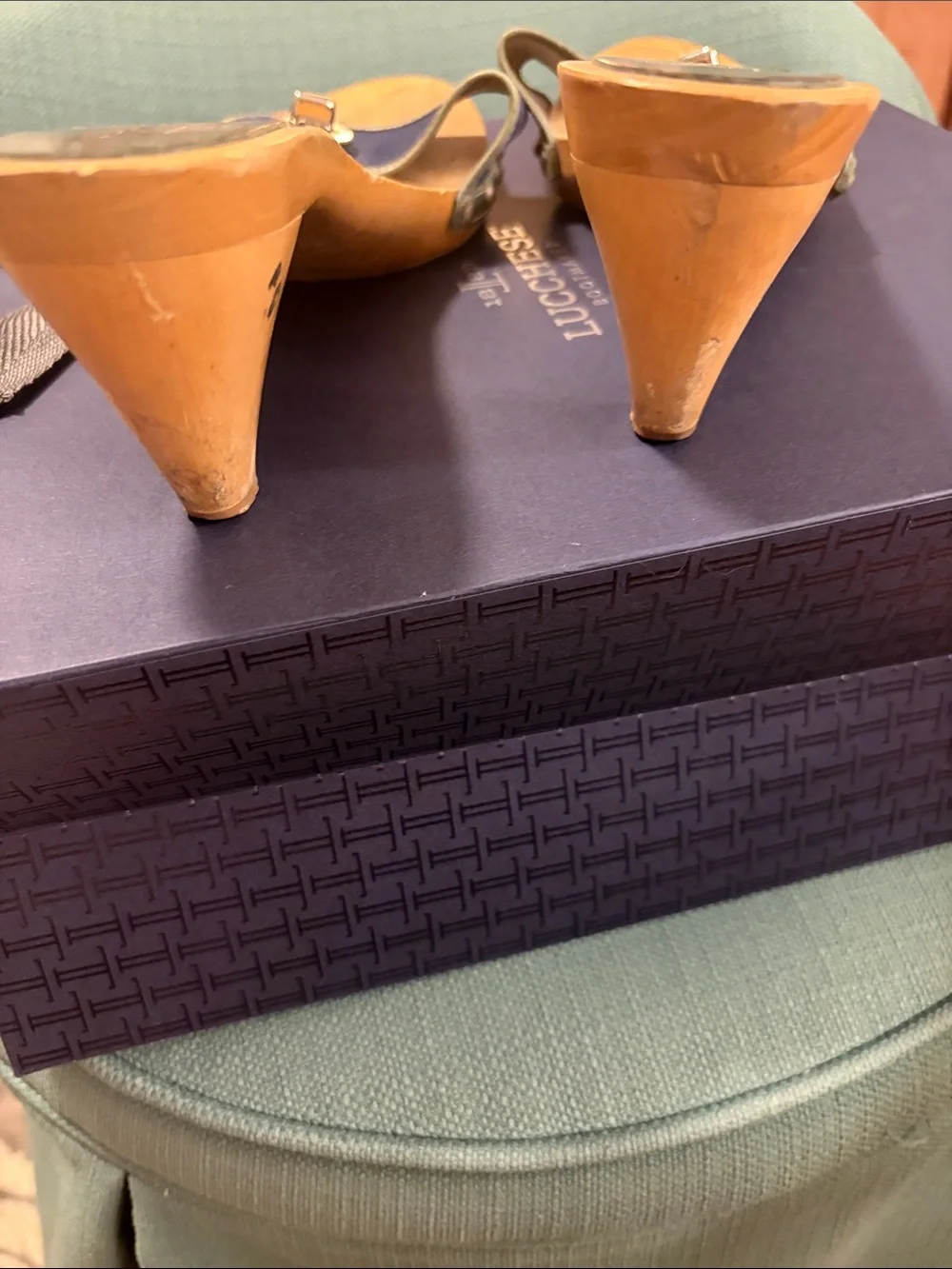 Coach Navy Blue Leather Wood-Soled Slide Mules with Silver Logo